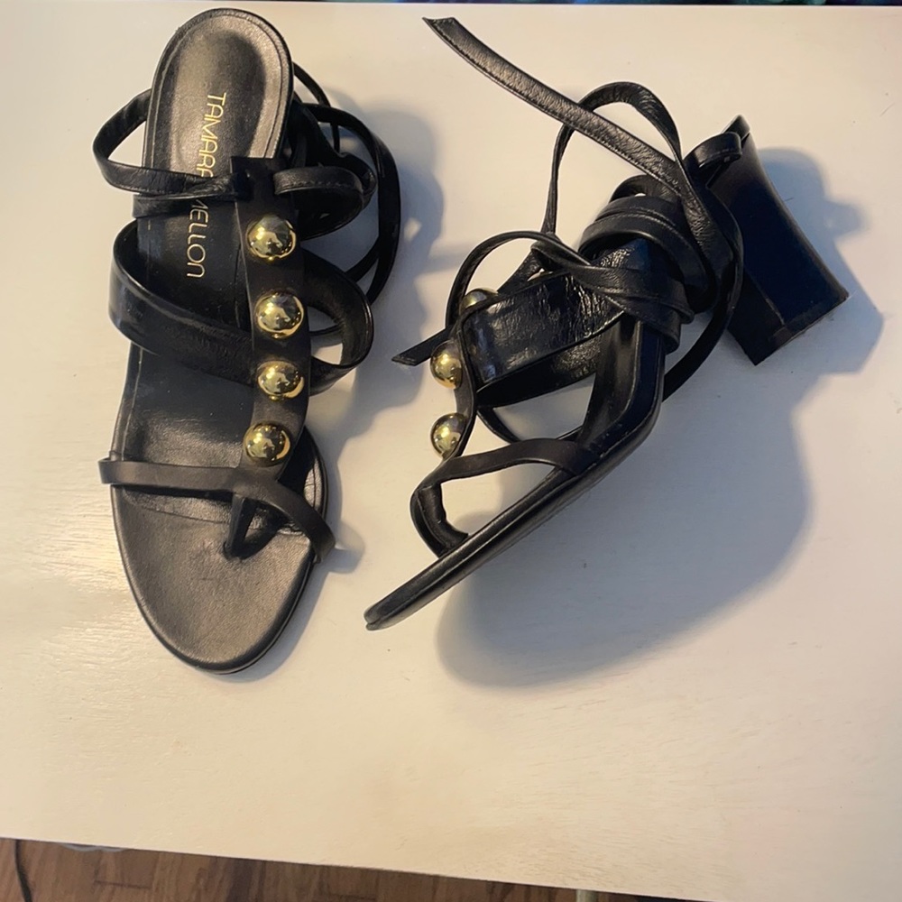 Tamara Mellon Black leather gladiator lace up med heel sandal